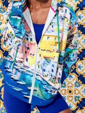 Terez Italian Port Colorful Coastal Print Zip-Up Hoodie Small NWT